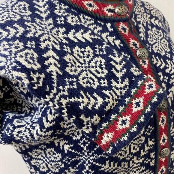 LL BEAN BEAUTIFUL HOLIDAY Nordic Blue White Snowflake Cardigan Sweater Size S - Picture 4 of 5